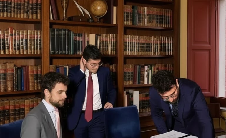 Three professional lawyers reviewing stacks of legal documents in a classic law firm library.
