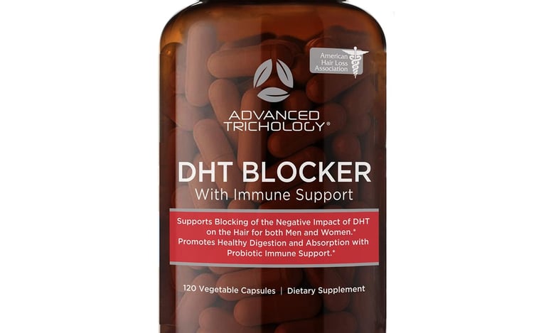 Advanced Trichology DHT Blocker with Immune Support dietary supplement bottle with 120 vegetable capsules.