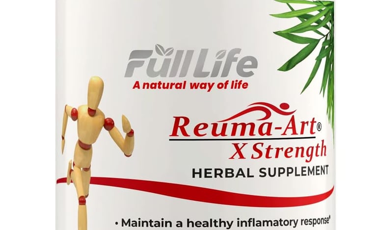 Bottle of Reuma-Art X Strength herbal supplement for joint flexibility and inflammatory response.
