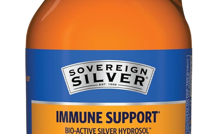 Sovereign Silver Bio-Active Silver Hydrosol immune support dietary supplement in a 64 oz amber glass bottle.