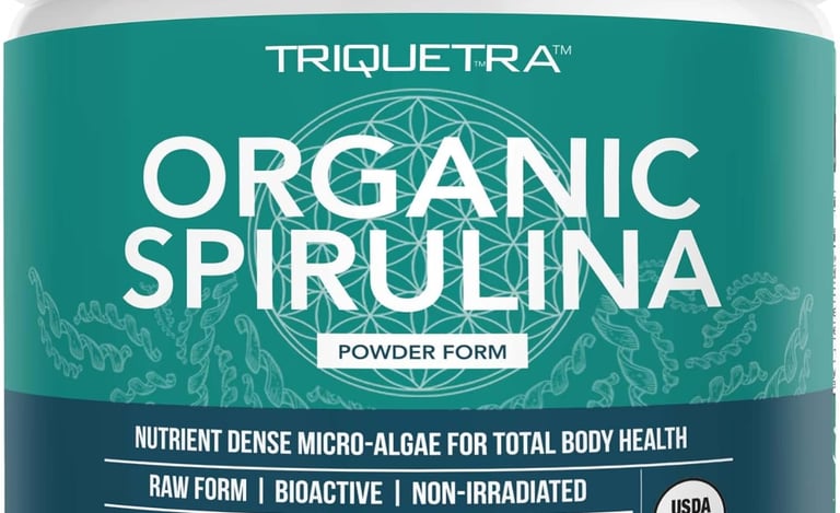 Triquetra Organic Spirulina powder dietary supplement in a 225g tub for nutrient-dense health support.
