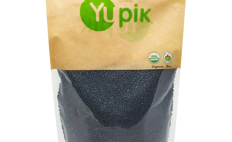 A bag of Yupik organic black beluga lentils in a resealable kraft paper and clear plastic pouch.