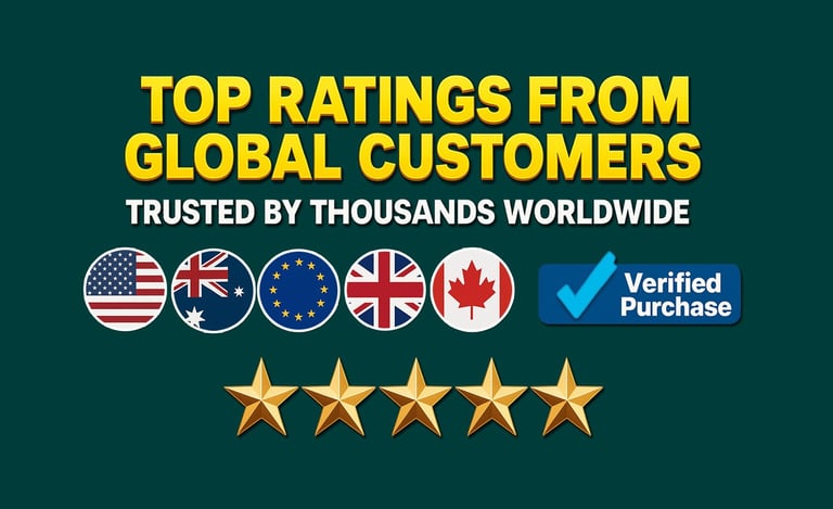 Top ratings from global customers badge featuring international flags and five gold stars.