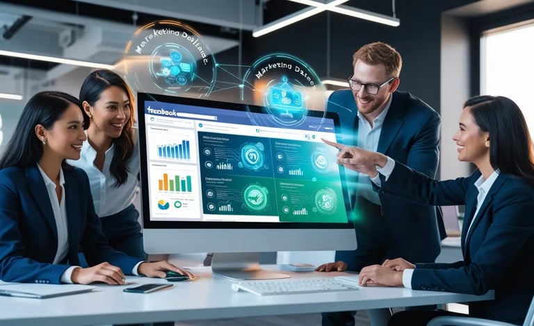 Equipo de trabajo en una oficina moderna colaborando frente a una computadora con hologramas de datos de marketing digital, m