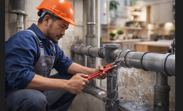 teknisi memperbaiki pipa bocor rumah di bandung