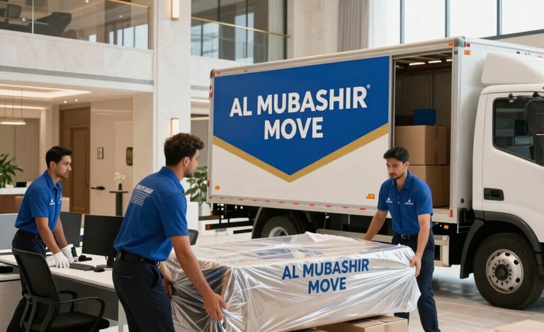 Professional moving team meticulously wrapping wooden furniture with protective blankets inside an apartment in Middle Eastern / Gulf (Abu Dhabi, UAE).