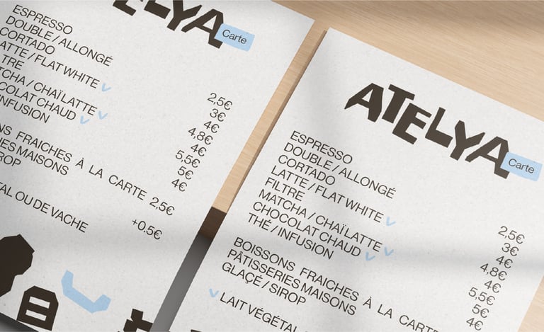 Déclinaison de l'identité visuelle pour Atelya, espace créatif et café par Tuuk studio