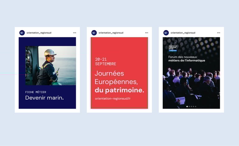Déclinaison de l'identité visuelle du portail orientation, formation, métiers de la région sud par Tuuk studio