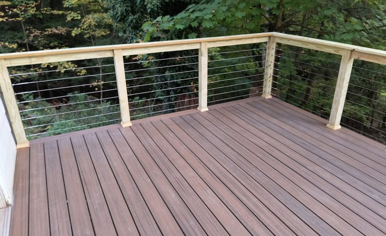 Close-up of natural wood deck railing showing craftsmanship and clean construction details