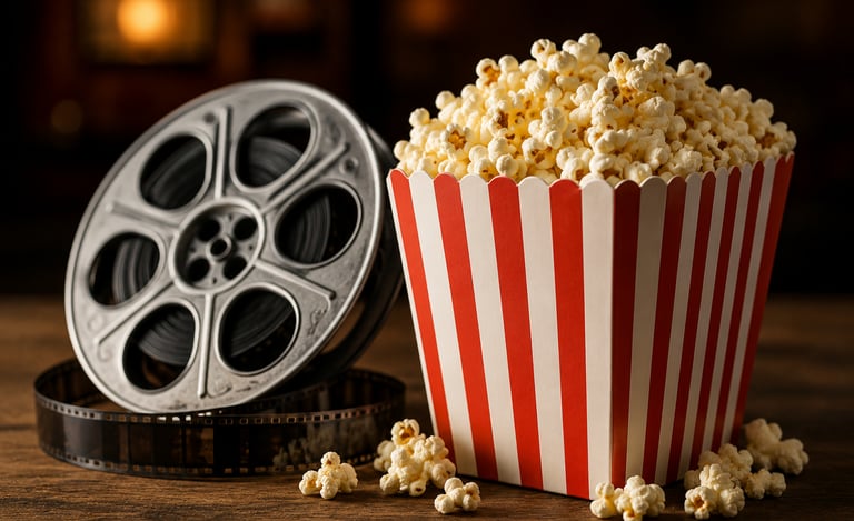 A movie reel and popcorn