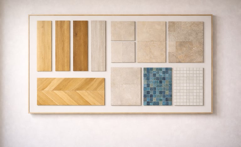 Palette de matériaux intérieurs de la Résidence Santini comprenant parquets, carrelages et faïences 