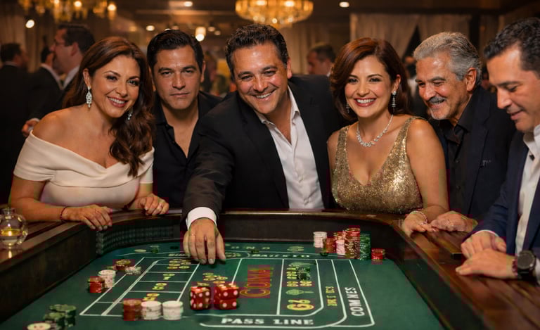a group of smiling hispanic people playing craps
