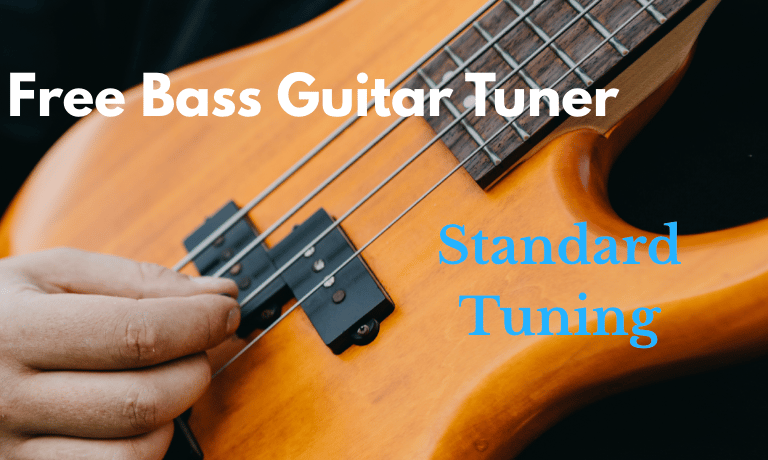 Close-up of a hand playing an electric bass guitar for free standard tuning online.