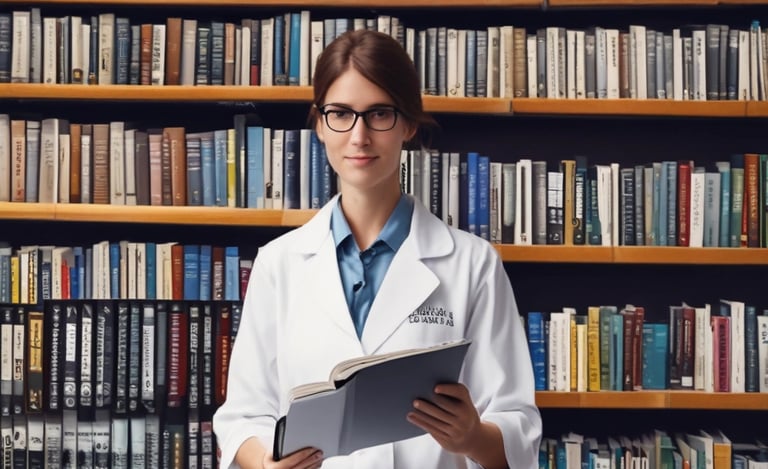 A dental professional is wearing a mask and a blue surgical cap adorned with dental-themed prints. She is looking back towards the camera in a dental clinic setting. Another person in a white uniform is seated in the background near dental equipment. The room is bright and clean, featuring dental chairs and tools.