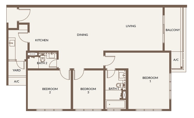 Bukit Chagar Living Type E layout – 3 bedrooms, 2 bathrooms, 1 balcony apartment