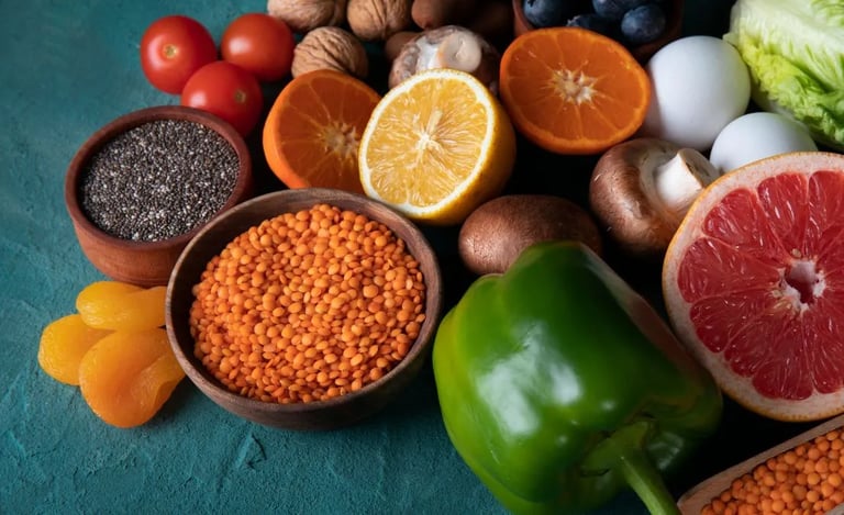 Alimentos saudáveis lentilha, chia, pimentão, frutas cítricas e vegetais que aceleram o metabolismo