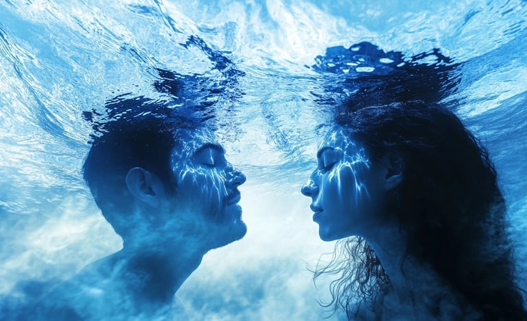 a man and woman in the water with their heads together