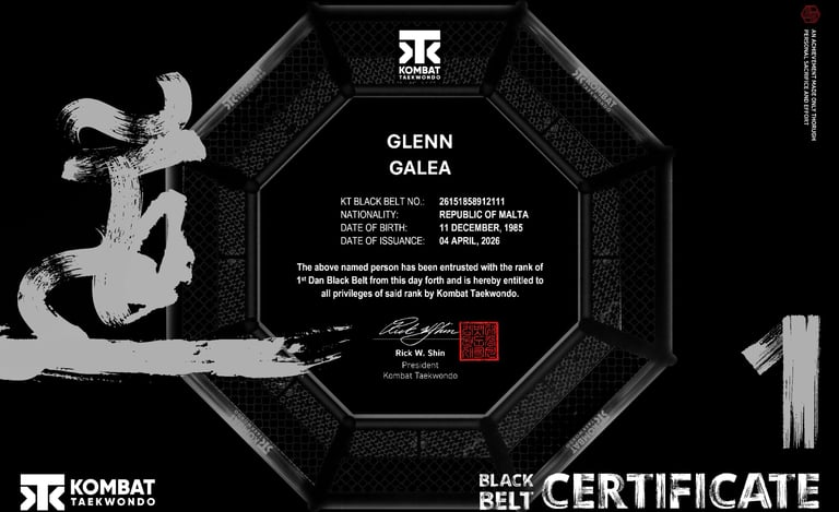 Official Kombat Taekwondo 1st Dan Black Belt Certificate for Glenn Galea from the Republic of Malta.