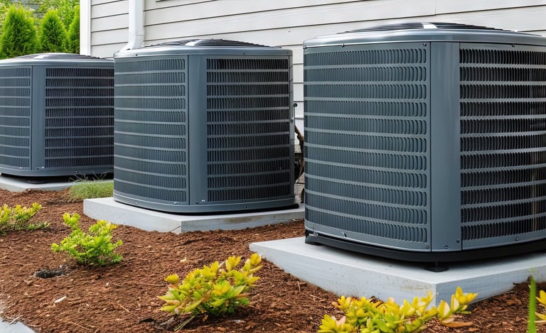Photo with three Heat Pumps installed with nice and clean outdoor area aside of a property