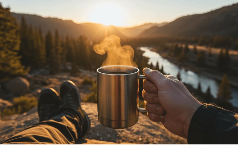 camper enjoying morning coffee on top of mountain side