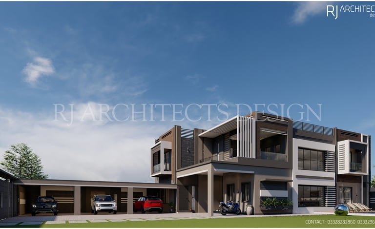 Luxury modern villa with large windows, spacious car porch, and sleek architectural design