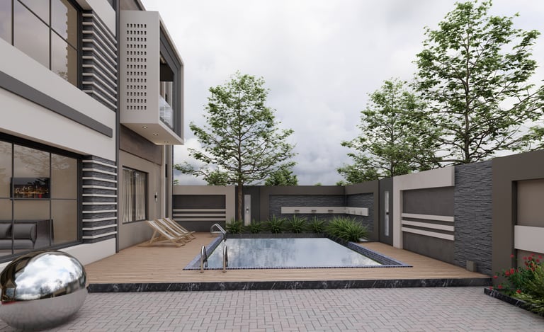 Modern villa backyard with swimming pool, wooden deck, lounge chairs, and lush greenery