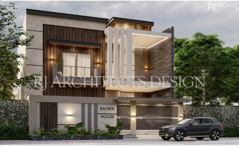 Modern two-story house with wood and stone facade, illuminated balcony, and a gated entrance labeled