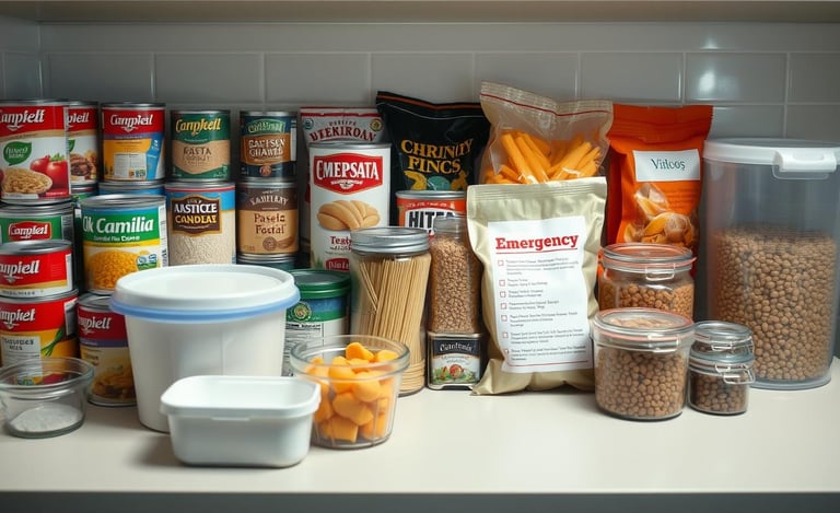  kitchen countertop filled with an assortment of non-perishable food items