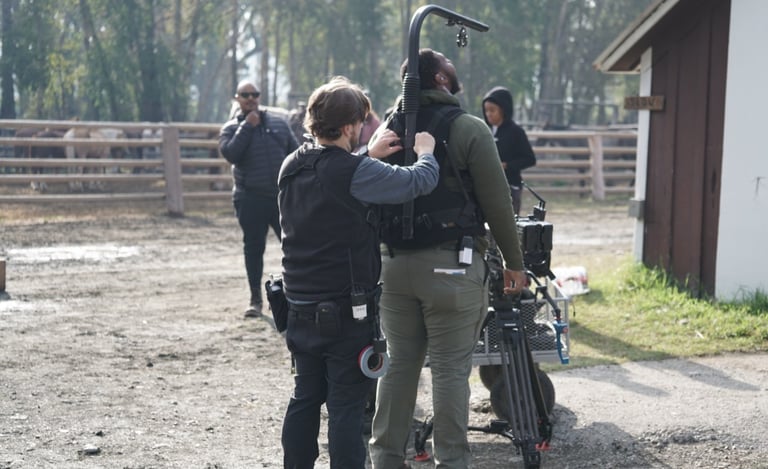 a man and woman are standing in a field working on an Easy Rig camera platform