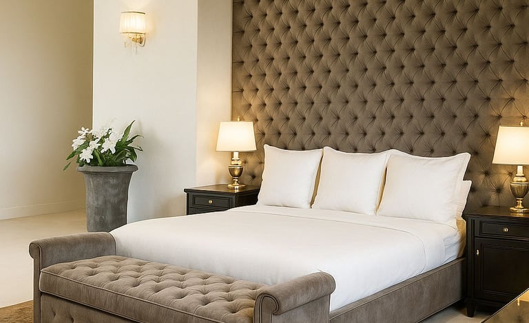 Tufted bed and bench with dark wall paneling, custom-designed by Solo Home Decor for a luxe bedroom.