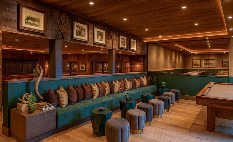 Solo Home Decor custom banquette with velvet pillows in a warm modern lounge with wood accents in Los Angeles.