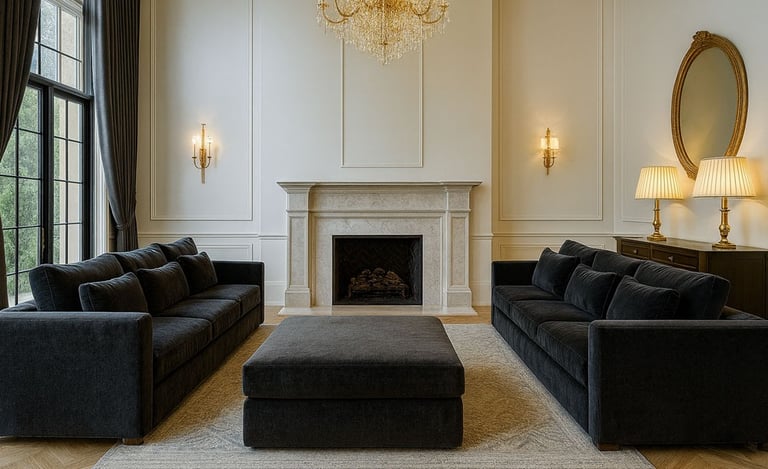 Elegant living room with two navy sofas by Solo Home Decor