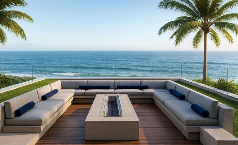 Modern gray sectional with fire pit in a luxury ocean-view backyard, custom outdoor furniture by Solo Home Decor.