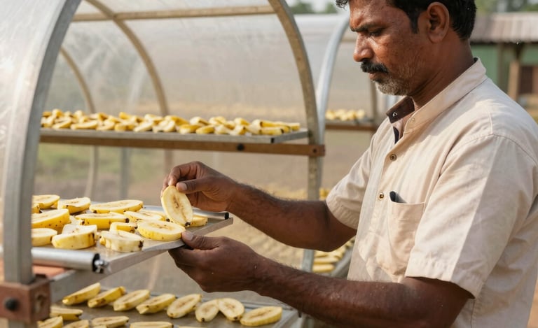A farmer inspects sliced bananas on racks inside a solar dryer for organic fruit processing.
