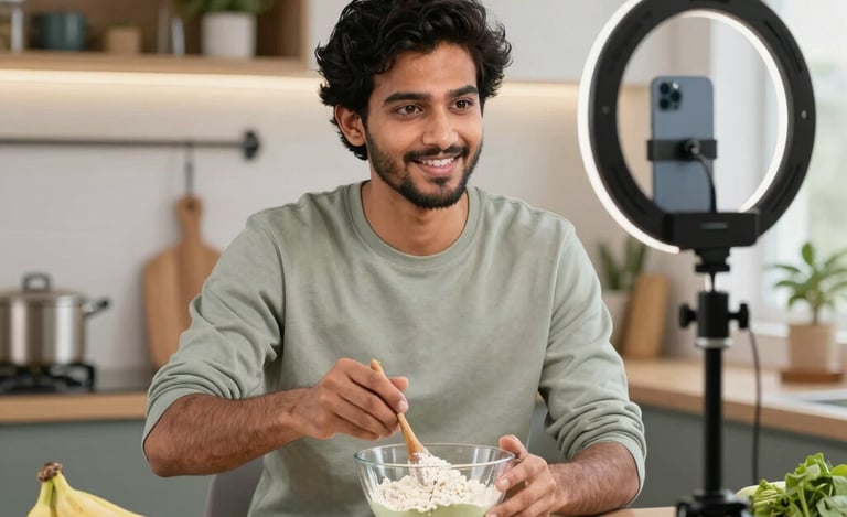 Smiling man filming a cooking tutorial using a smartphone and ring light in a kitchen.