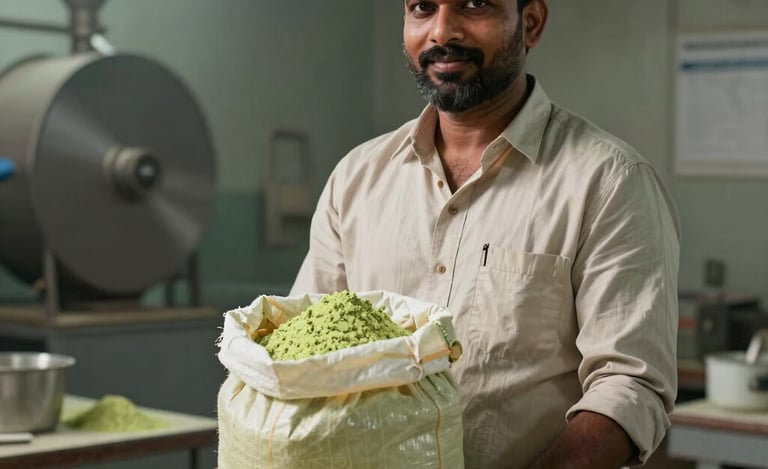 A worker in a food processing facility holding a large sack of organic green herbal powder.