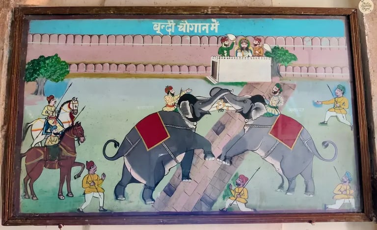 Historic elephant combat painting from Sukh Mahal, showcasing Bundi’s royal art style.