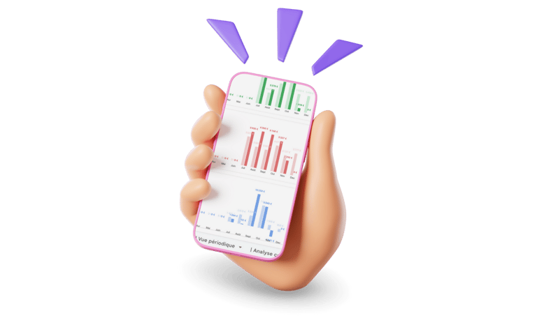 une main 3D tenant un iPhone présentant un outil de gestion des finances personnelles