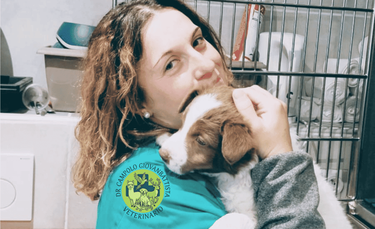 Tecnico veterinario Eleonora che abbraccia un cagnolino dentro una struttura veterinaria