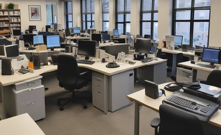 Modern open plan office interior with rows of cubicle desks, computer monitors, and ergonomic chairs.