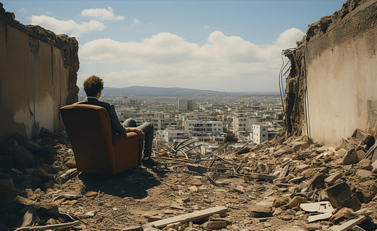a man sitting in a chair in a room with a chair
