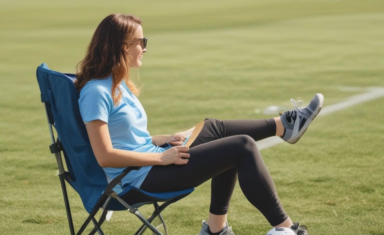 A cheerful soccer mom holding a cooler bag beside a soccer field filled with kids playing.