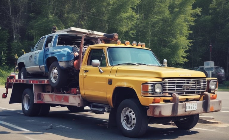A truck with a flat bed and a junk car.