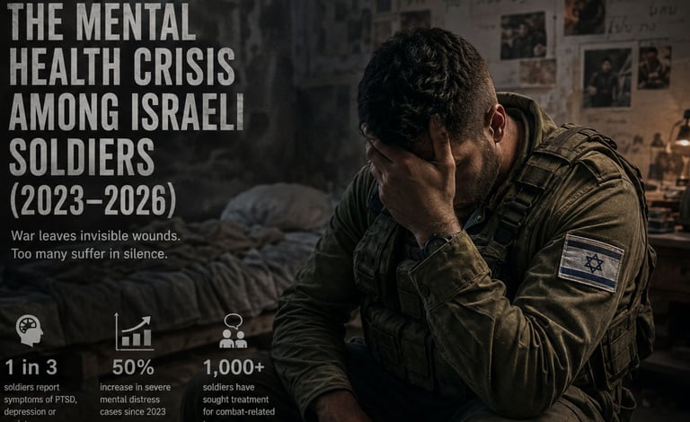 An overview of the mental health crisis affecting Israeli soldiers since 2023, including rising PTSD