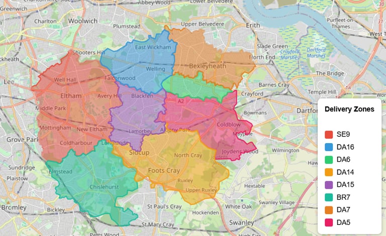 Free delivery areas shaded and listed