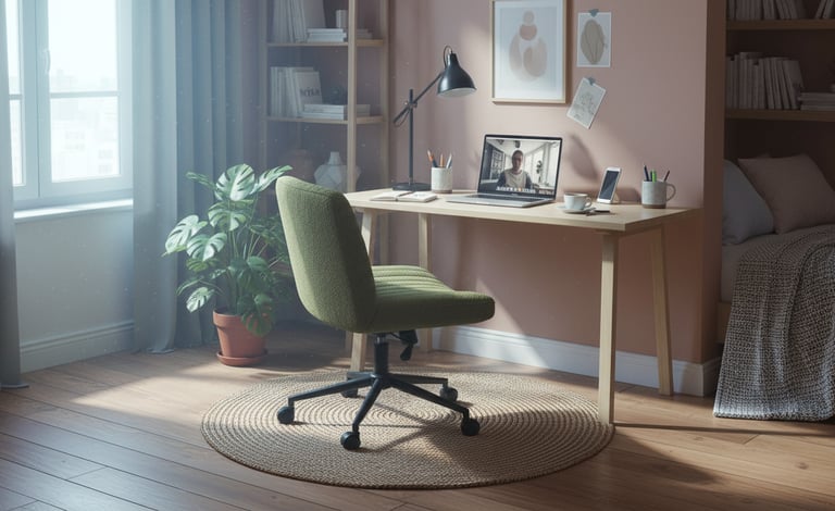 Modern home office setup with a green ergonomic chair, wooden desk, and laptop in a cozy bedroom.