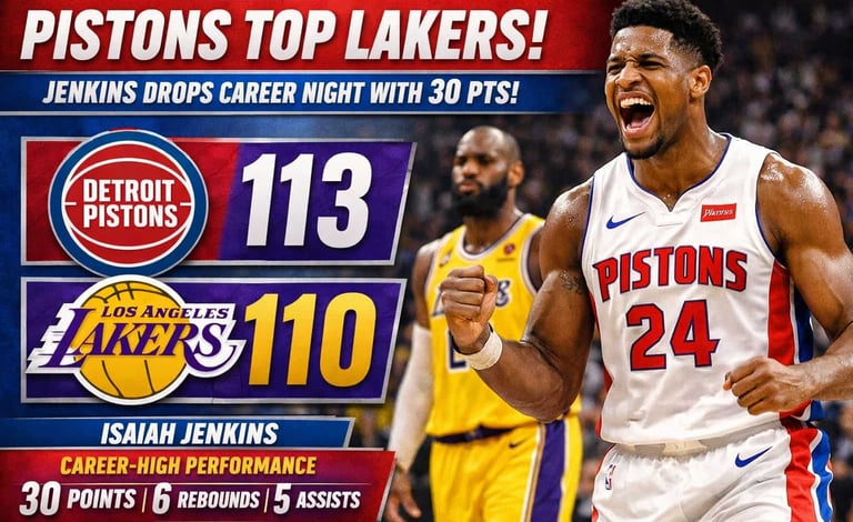 Pistons Vencem Lakers 113-110 e Jenkins Explode com 30 Pontos