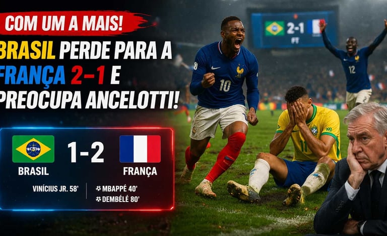 Com Um a Mais, Brasil Perde para a França 2-1 e Preocupa Ancelotti