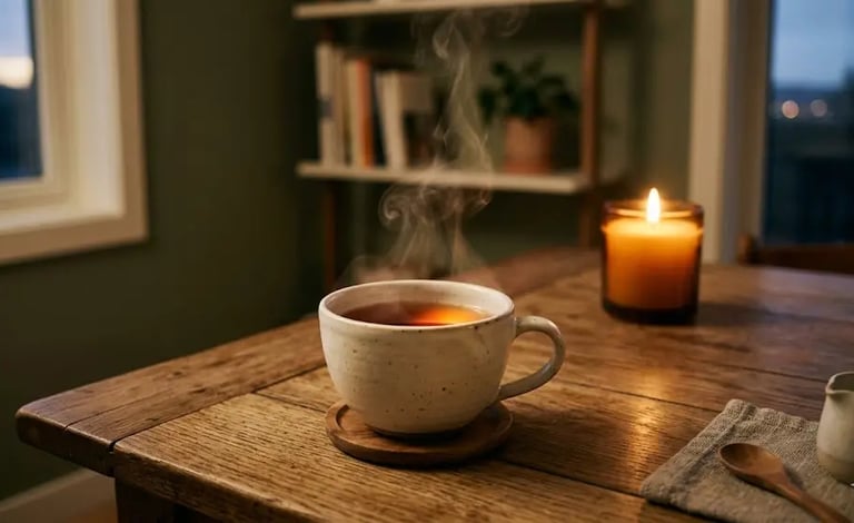 Steaming cup of hot tea on a rustic wooden table with a lit candle for a cozy atmosphere.