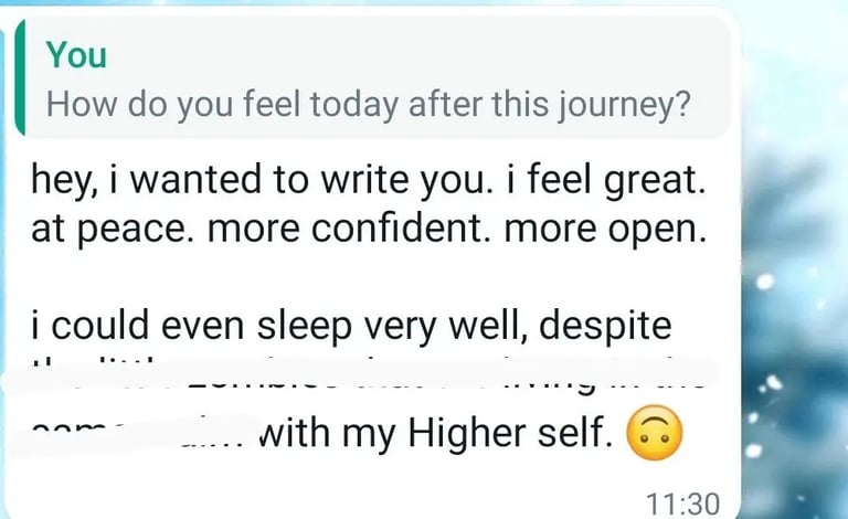 Client message describing feeling great, at peace, more confident and more open after an RTT Session